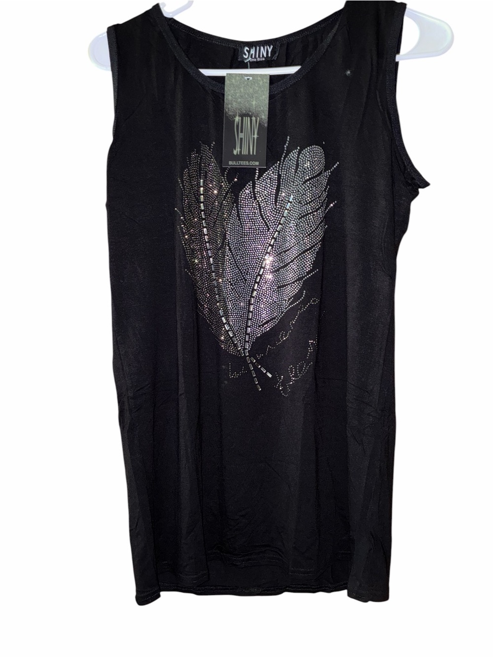 SHINY NWT Black Sleeveless Feather Tank with Rhinestone Detail